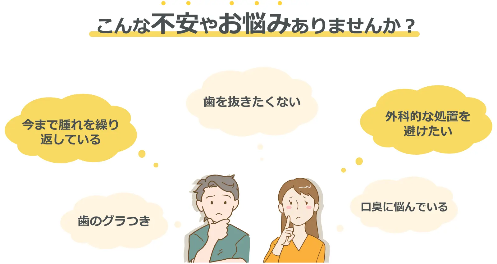 こんな不安や、悩みはありませんか？　歯のぐらつき、口臭、歯茎の腫れを繰り返している、外科的手術を避けたい、歯を抜きたくないなど
